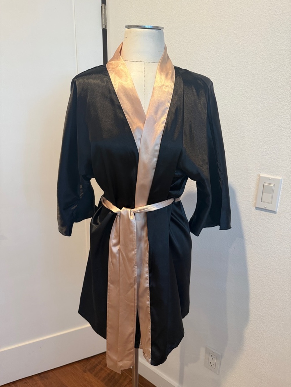 Black Satin Robe with Champagne Trim - Women's Intimates